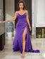 Sheath Column Sweetheart Sweep Train Elastic Woven Satin Prom Dresses With Leg Slit