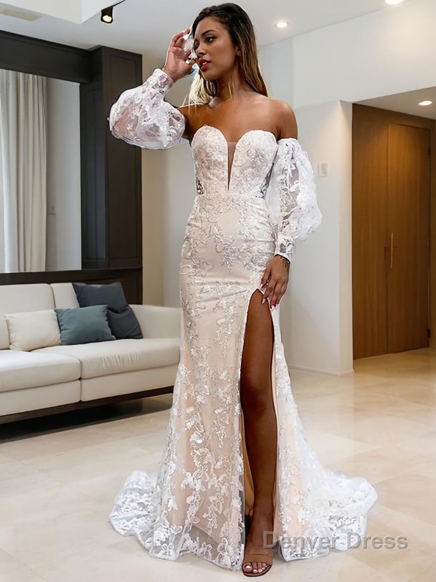 Sheath Column Sweetheart Sweep Train Lace Prom Dresses With Leg Slit