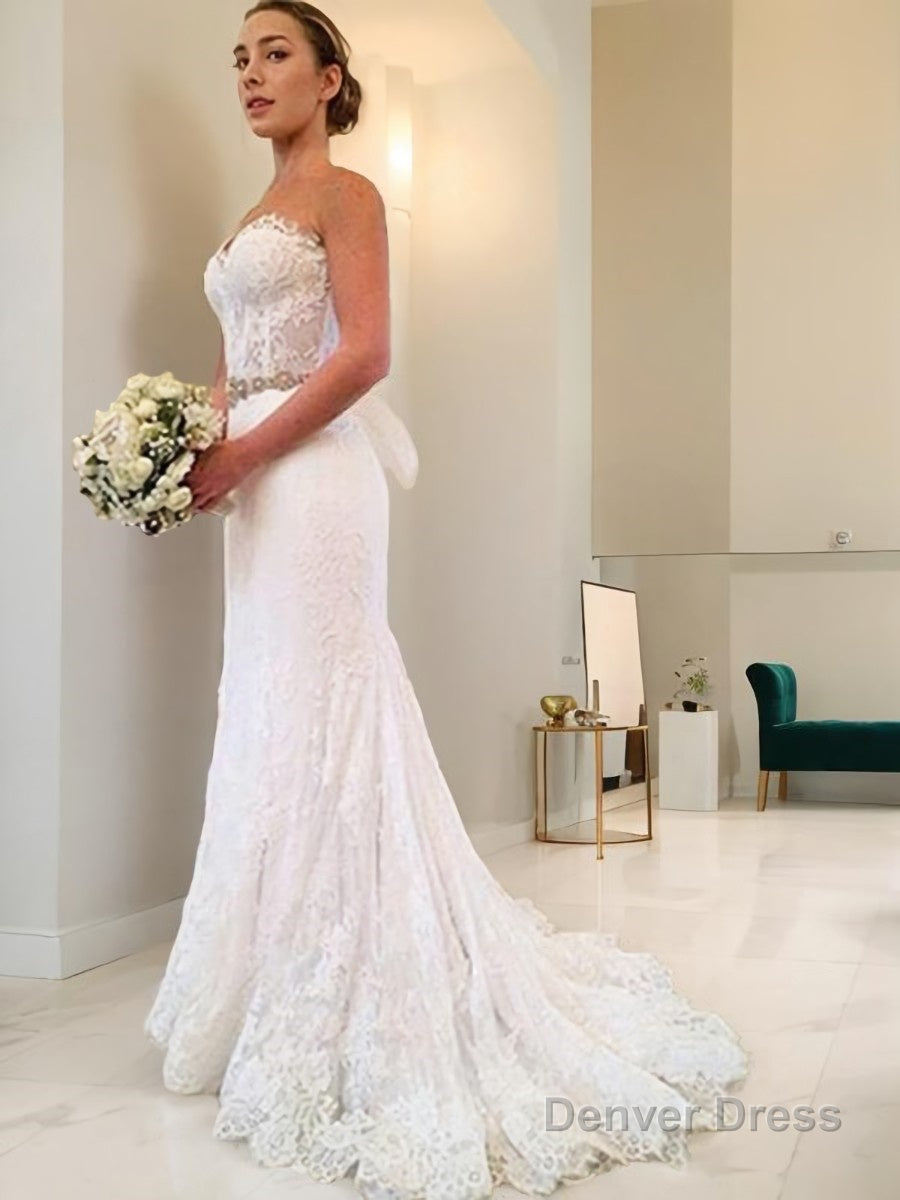 Sheath Column Sweetheart Sweep Train Lace Wedding Dresses With Beading Secondary image