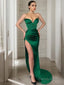 Sheath Column Sweetheart Sweep Train Satin Prom Dresses With Leg Slit