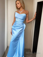 Sheath Column Sweetheart Sweep Train Satin Prom Dresses With Ruffles