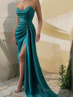 Sheath Column Sweetheart Sweep Train Silk like Satin Prom Dresses With Leg Slit