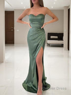 Sheath Column Sweetheart Sweep Train Silk like Satin Prom Dresses With Leg Slit