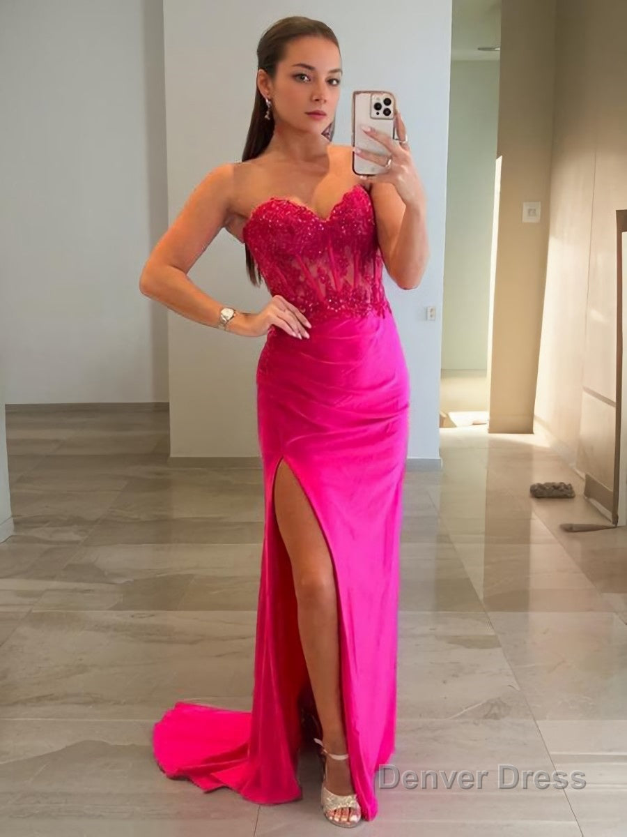 Sheath Column Sweetheart Sweep Train Stretch Crepe Prom Dresses With Leg Slit