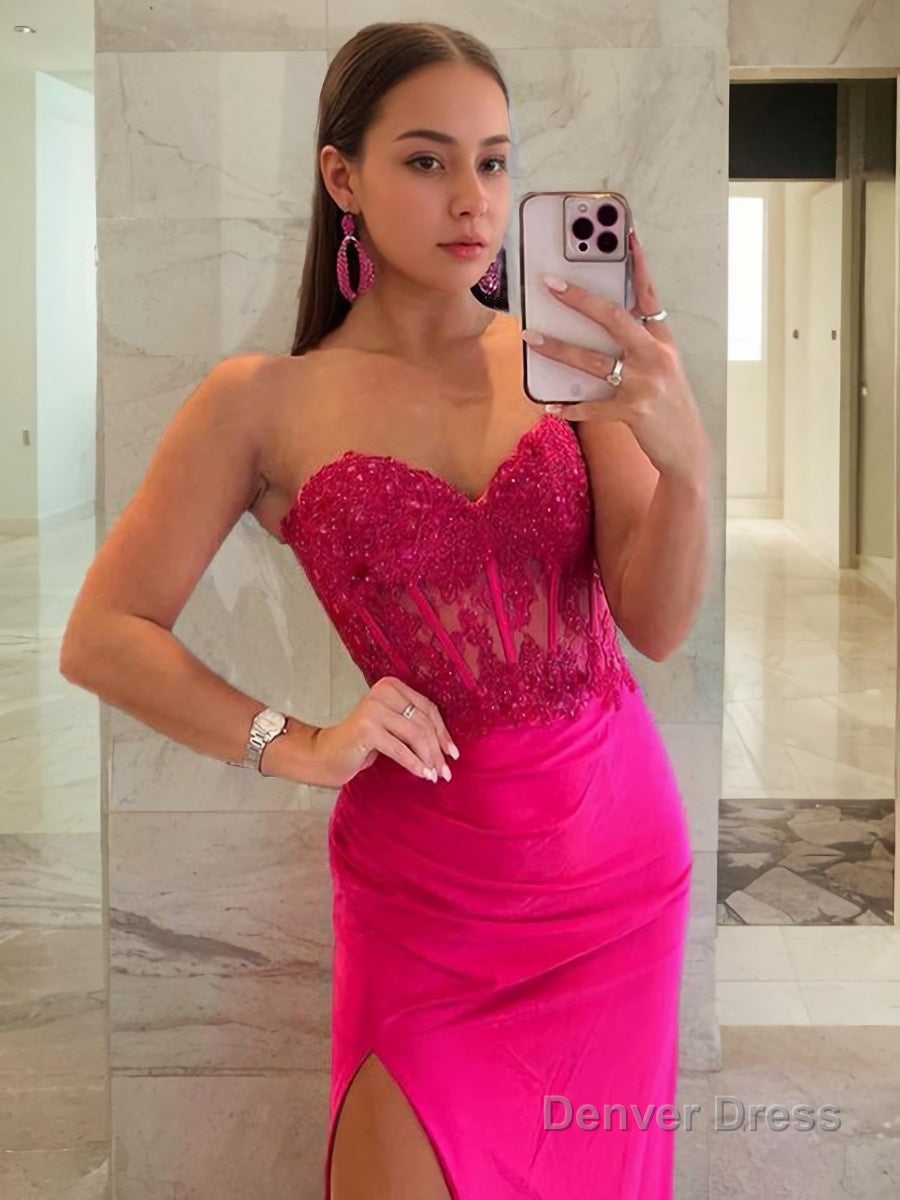 Sheath Column Sweetheart Sweep Train Stretch Crepe Prom Dresses With Leg Slit