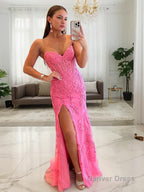 Sheath Column Sweetheart Sweep Train Tulle Prom Dresses With Leg Slit