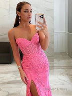 Sheath Column Sweetheart Sweep Train Tulle Prom Dresses With Leg Slit