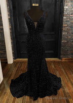 Sheath Column Trumpet Mermaid V Neck Sleeveless Velvet Sequins Sweep Train Prom Dresses