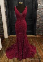 Sheath Column Trumpet Mermaid V Neck Sleeveless Velvet Sequins Sweep Train Prom Dresses
