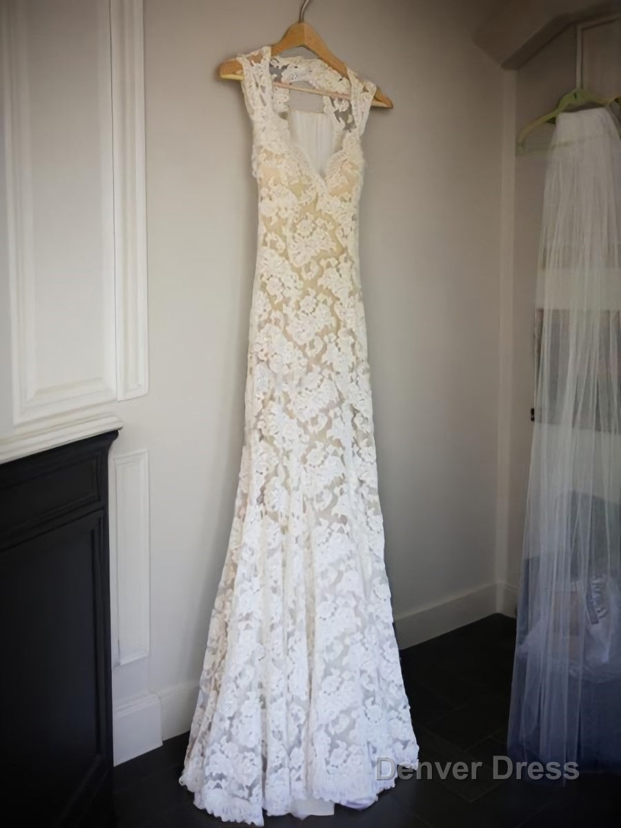 Sheath Column V Neck Court Train Lace Wedding Dresses With Belt Sash