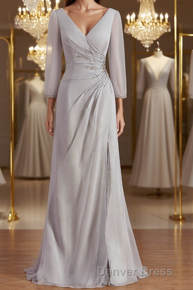 Sheath/Column V-neck Floor-Length 30D Chiffon Mother of the Bride Dresses With Beading Main image