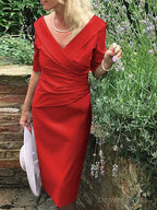 Sheath/Column V-neck Knee-Length Satin Mother of the Bride Dresses With Ruffles