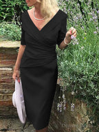 Sheath Column V Neck Knee Length Satin Mother of the Bride Dresses With Ruffles