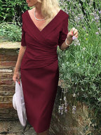 Sheath Column V Neck Knee Length Satin Mother of the Bride Dresses With Ruffles