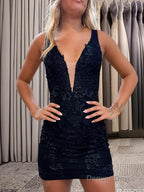 Sheath Column V Neck Short Mini Lace Applique Homecoming Dresses