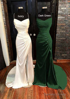 Sheath Column V Neck Spaghetti Straps Sweep Train Satin Prom Dresses With Pleated Split