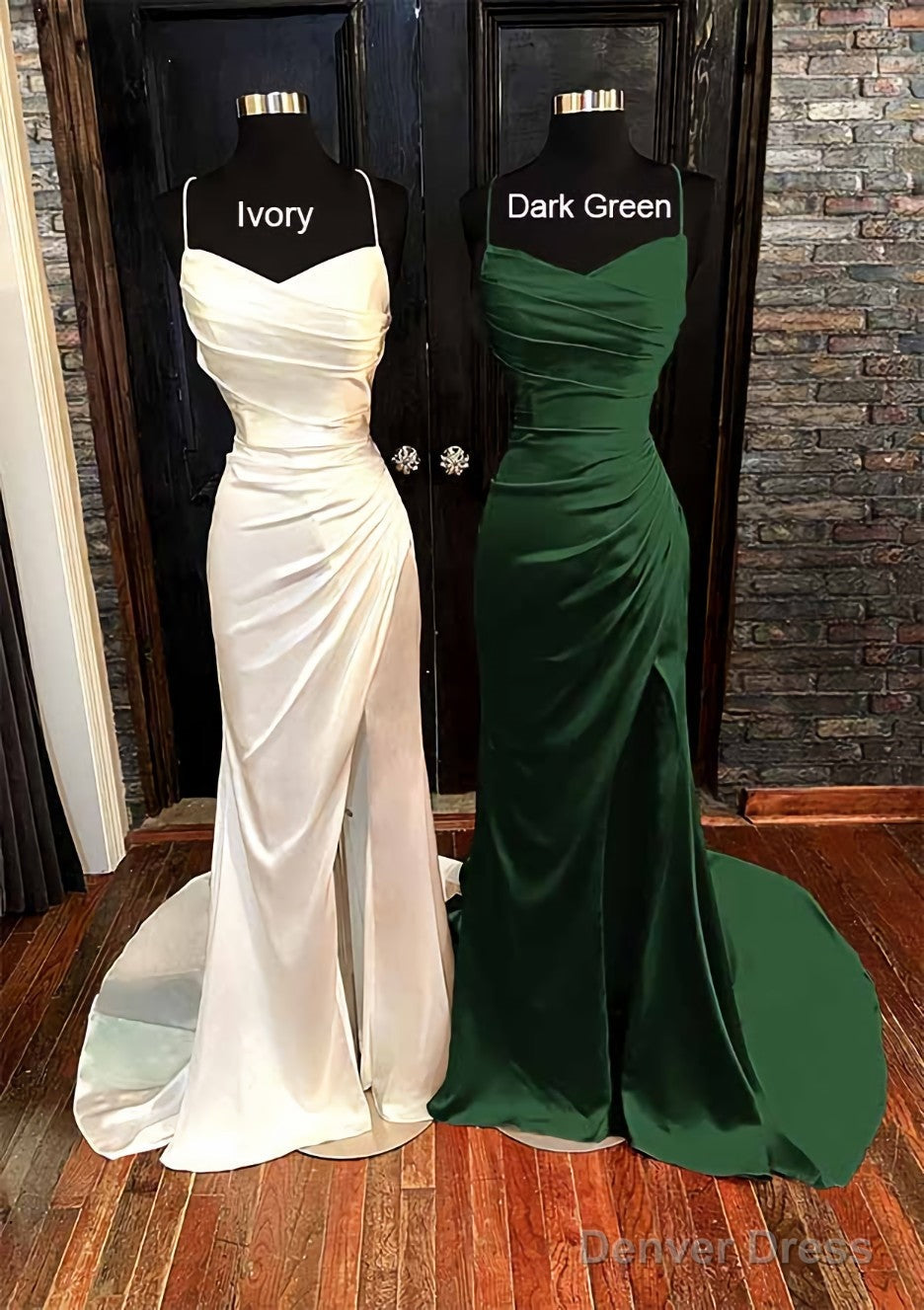 Sheath Column V Neck Spaghetti Straps Sweep Train Satin Prom Dresses With Pleated Split