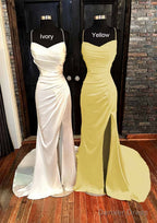 Sheath Column V Neck Spaghetti Straps Sweep Train Satin Prom Dresses With Pleated Split