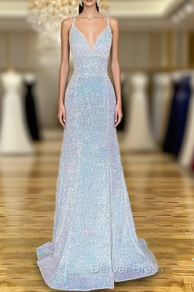 Sheath/Column V Neck Spaghetti Straps Sweep Train Sequined Prom Dresses With Pleated