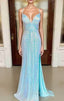 Sheath/Column V Neck Spaghetti Straps Sweep Train Sequined Prom Dresses With Split