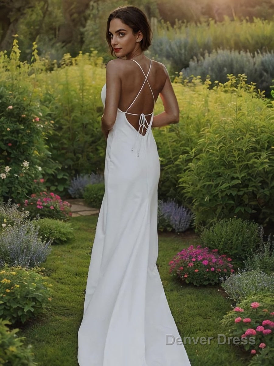 Sheath/Column V-neck Sweep Train Stretch Crepe Wedding Dresses With Leg Slit Secondary image