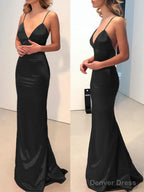 Sheath Column V Neck Sweep Train Elastic Woven Satin Prom Dresses