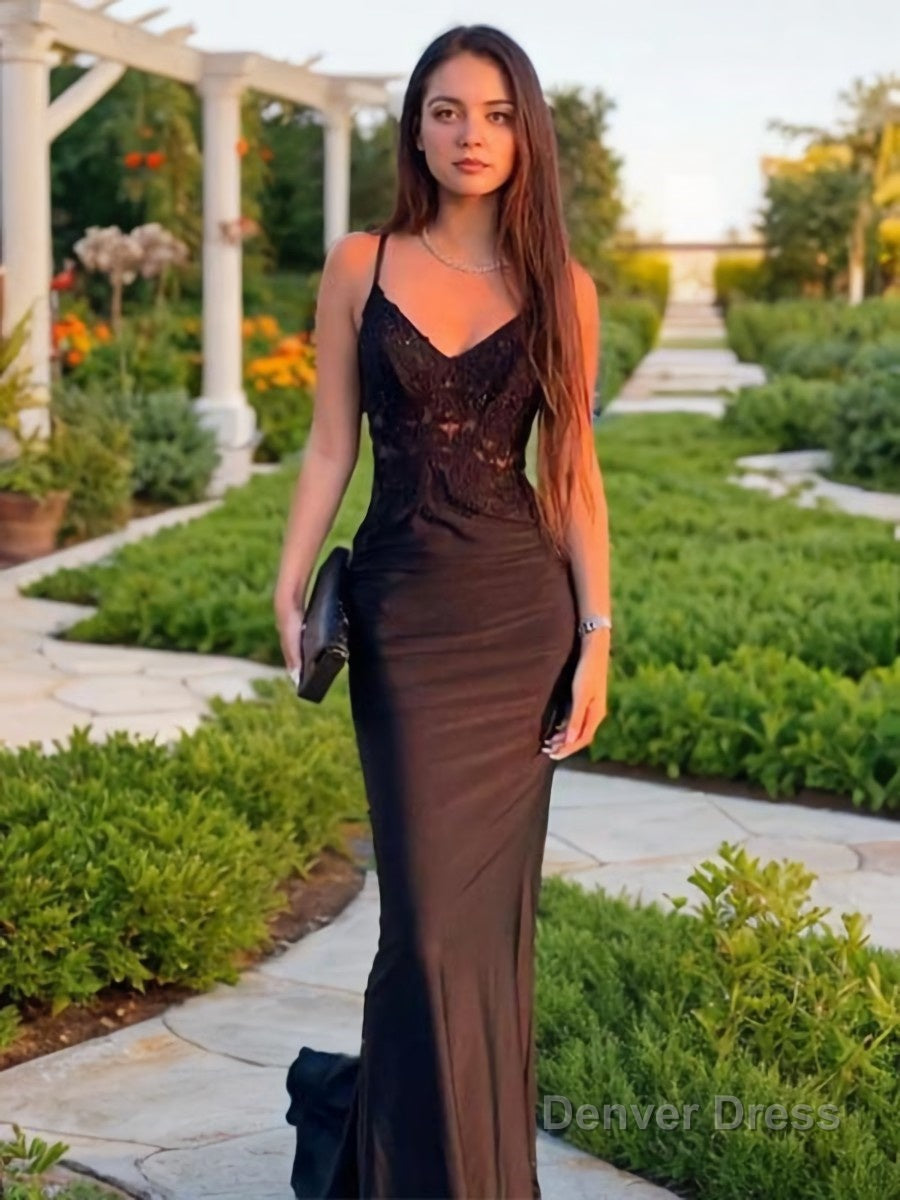 Sheath Column V Neck Sweep Train Elastic Woven Satin Prom Dresses With Appliques Lace