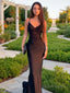 Sheath Column V Neck Sweep Train Elastic Woven Satin Prom Dresses With Appliques Lace