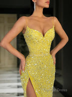 Sheath Column V Neck Sweep Train Prom Dresses With Leg Slit