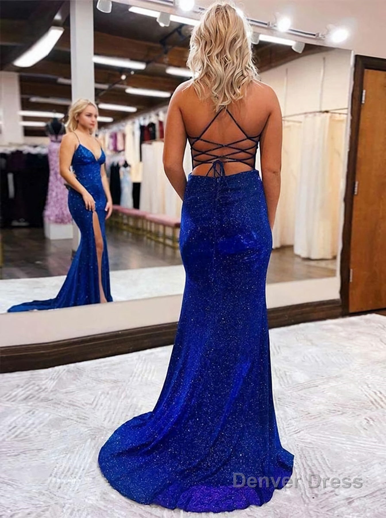 Sheath Column V Neck Sweep Train Prom Dresses With Leg Slit Secondary image