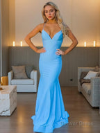 Sheath Column V Neck Sweep Train Jersey Prom Dresses