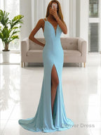 Sheath Column V Neck Sweep Train Jersey Prom Dresses With Leg Slit