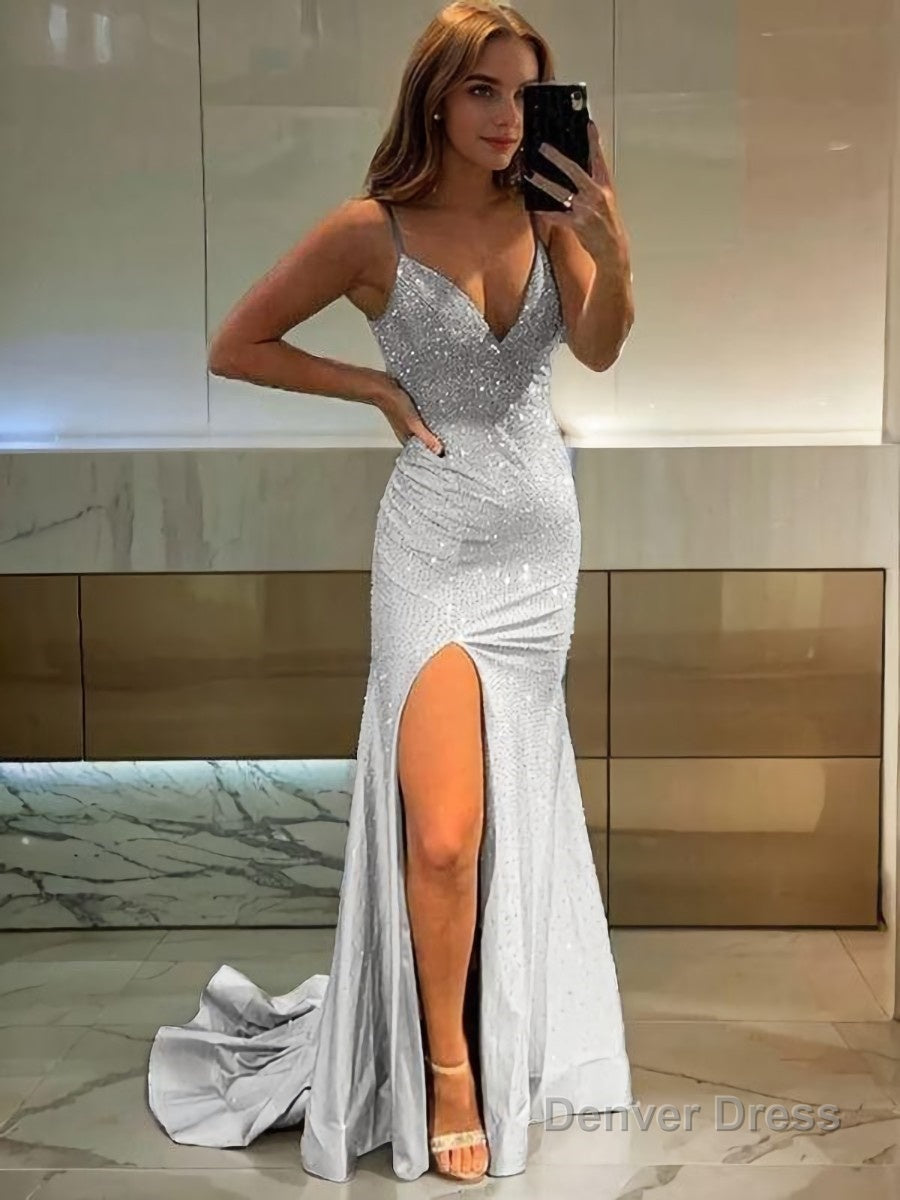 Sheath Column V Neck Sweep Train Jersey Prom Dresses With Leg Slit Main image