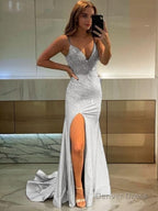Sheath Column V Neck Sweep Train Jersey Prom Dresses With Leg Slit