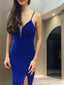 Sheath Column V Neck Sweep Train Jersey Prom Dresses With Leg Slit