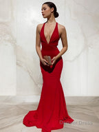 Sheath Column V Neck Sweep Train Jersey Prom Dresses With Ruffles