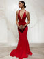 Sheath Column V Neck Sweep Train Jersey Prom Dresses With Ruffles