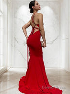 Sheath Column V Neck Sweep Train Jersey Prom Dresses With Ruffles