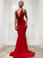 Sheath Column V Neck Sweep Train Jersey Prom Dresses With Ruffles
