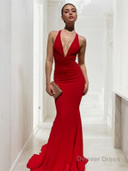 Sheath Column V Neck Sweep Train Jersey Prom Dresses With Ruffles
