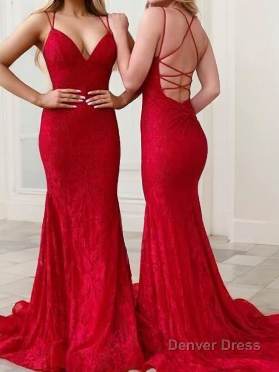 Sheath Column V Neck Sweep Train Lace Prom Dresses Main image