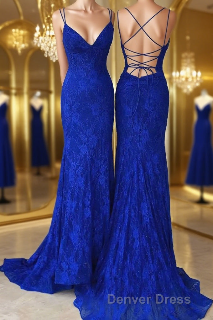 Sheath Column V Neck Sweep Train Lace Prom Dresses