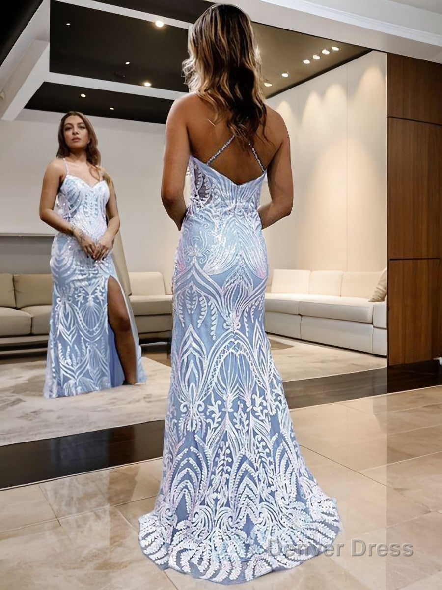 Sheath Column V Neck Sweep Train Lace Prom Dresses With Leg Slit Secondary image