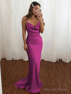 Sheath Column V Neck Sweep Train NS Elastic Woven Satin Prom Dresses