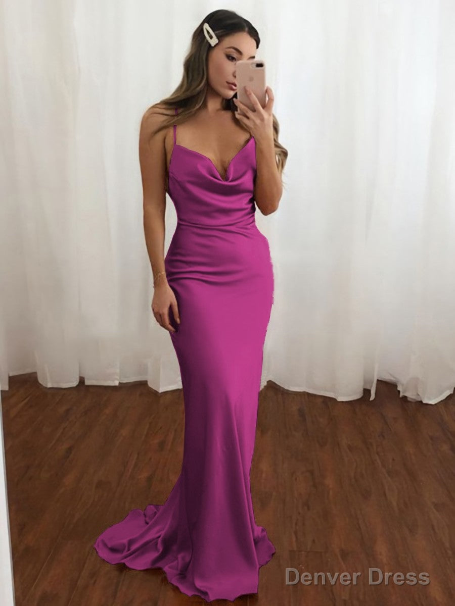 Sheath Column V Neck Sweep Train NS Elastic Woven Satin Prom Dresses