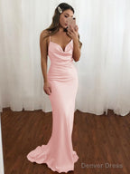 Sheath Column V Neck Sweep Train NS Elastic Woven Satin Prom Dresses