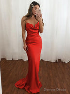 Sheath Column V Neck Sweep Train NS Elastic Woven Satin Prom Dresses