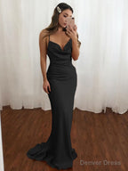 Sheath Column V Neck Sweep Train NS Elastic Woven Satin Prom Dresses