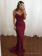 Sheath Column V Neck Sweep Train NS Elastic Woven Satin Prom Dresses
