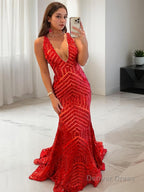 Sheath Column V Neck Sweep Train Prom Dresses